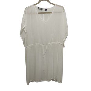 Lands End Cover-Up Dress White V-Neck Drawstring Waist S Beach Pool Vacation